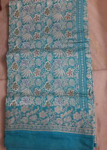 Teal Floral Banarasi Silk Saree With Blouse