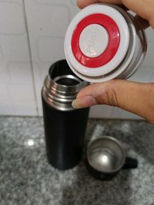 Matte Black Steel Water Bottle With Teacup