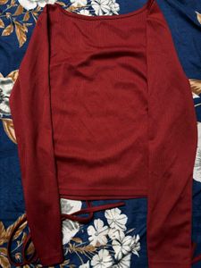 Red Drawstring Long Sleeve Top