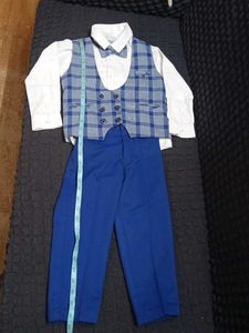 Boys' Plaid Vest & Blue Trousers Set(4 piece)