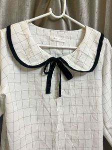White Black Strip Korean Bow Top