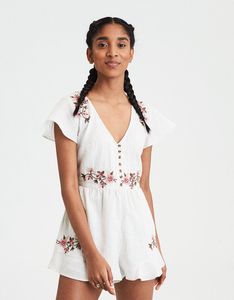 Floral Embroidered Striped Romper