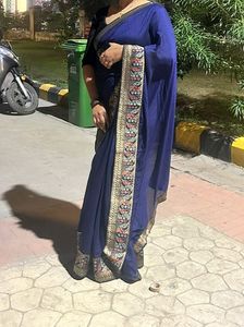 Pretty Navy Blue Plain Saree With Border