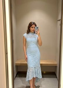Pintrest Elegant Blue Lace Fish cut Dress