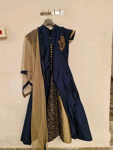Elegant Navy Blue Embroidered Kurta And Skirt