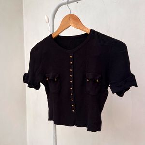 Black Ribbed Knit Top with Gold Versace Buttons