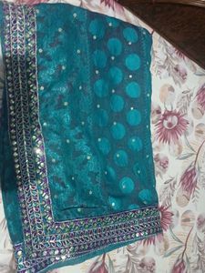 Teal &amp; Purple Embellished Saree With Blouse