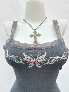 Grey Grunge Lace Trim Tank Top