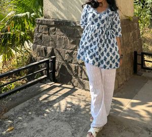Jaipuri short Kurti with milkywhite plazzo Pant