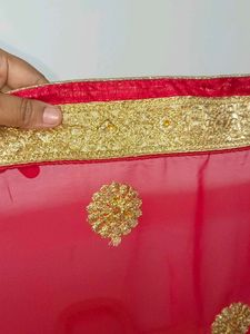 Red &amp; Gold Embroidered Lehenga Saree