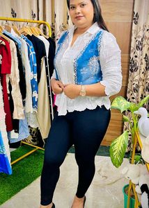 White Shirt With Blue Waist Denim Shrug