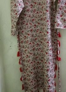 Red Printed Straight Kurta , Side Slits