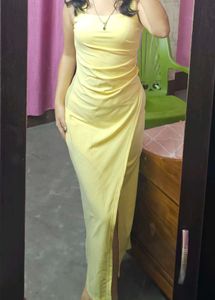 yellow drapped square neck dress