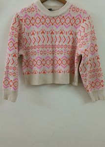 H &amp; M -White Sweater with Playful Pink and Orange