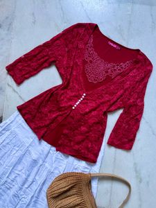 Red Lace Top with Pearl Buttons