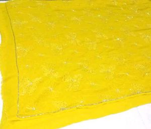 Beautiful Lemon Yellow Saree With White Stone Work