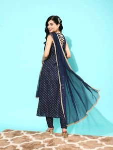 Women Navy Blue Ethnic Print Sleeveless Kurta Set