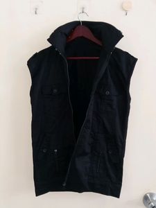 Black Collar Zipped With hoodie Multi pocket Coat