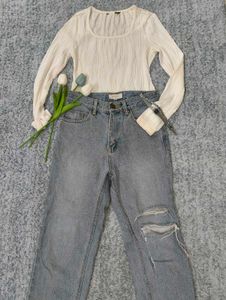 Blue Ribbed Straight Jeans
