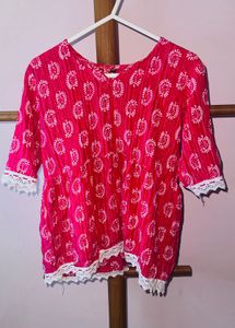 Pink Printed Top with Lace Trim