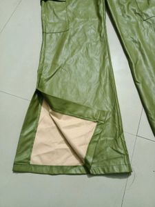 Green Faux Leather Cargo Pants