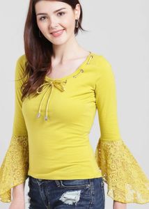 Chic Mustard Top with Lace Sleeves💛💚