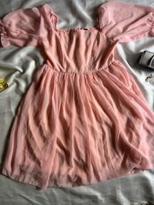 Pink Chiffon Mini Dress with Puff Sleeves