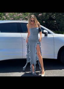 Newme Blue Ruffle Slit Dress