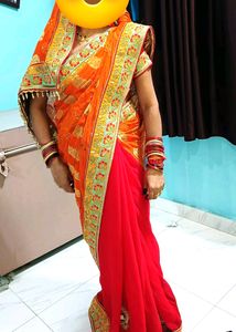 Designer Orange &amp; Red Saree With Blause❤️🧡