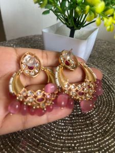 Pink Kundan Chandbali Earrings