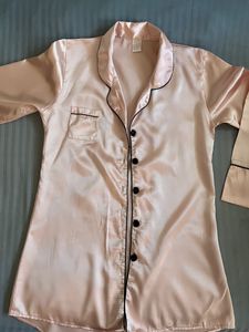 Baby Pink Satin Full-Slevees Night Shirt