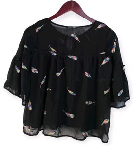 HSTYLE Black Feather Design Tie-Neck Dress Women