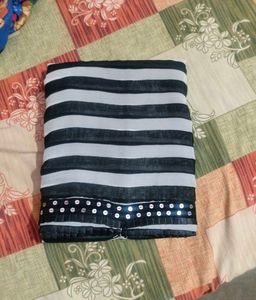 Black &amp; White Striped  Sequined Border Saree