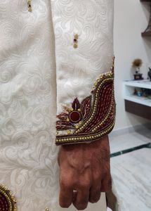 Men Sherwani Dhoti Stitched Set -Offwhite &amp; Maroon