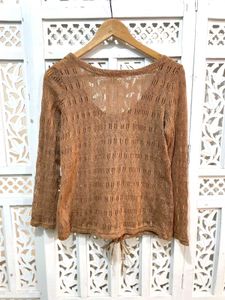 Elegant Brown Lace Knit Long Sleeves Cardigan C