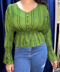 Green Peplum Blouse Crop Top