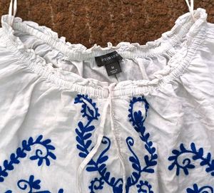 Bohemian White Cotton Top with Blue Embroidery