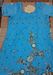 Blue Crepe Suit With Heavy Stone Work