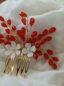Red &amp; White Beaded Hair Comb