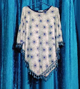 White & Blue Tassel Poncho Top