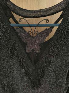 🦋Black Glitter Top Sheer Butterfly Lace Back