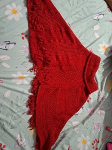 Red Knit Shawl with Fringe
