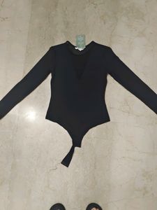 New Sheer Neckline Black Fitted Top