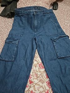 Wide Leg Denim Cargo Pants