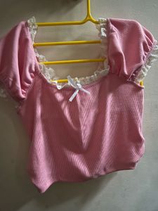 Pink Ribbed Lace Trim Top