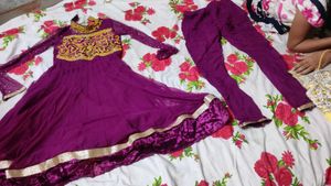 yellow and Purple Embroidered Kurta Set