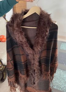 Brown Plaid Faux Fur Shawl