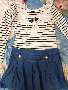 Cute Striped Top & Denim Skirt Set