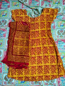 Yellow &amp; Red Leaf Print Dress With Dupatta