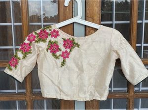 Cream Raw Silk Blouse with Floral Embroidery
